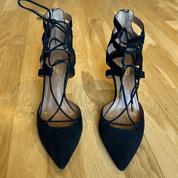 AQUAZZURA FIRENZE "Belgravia" 3" Pumps Lace Up Black Suede Size 37.5 US7 - Picture 4 of 6